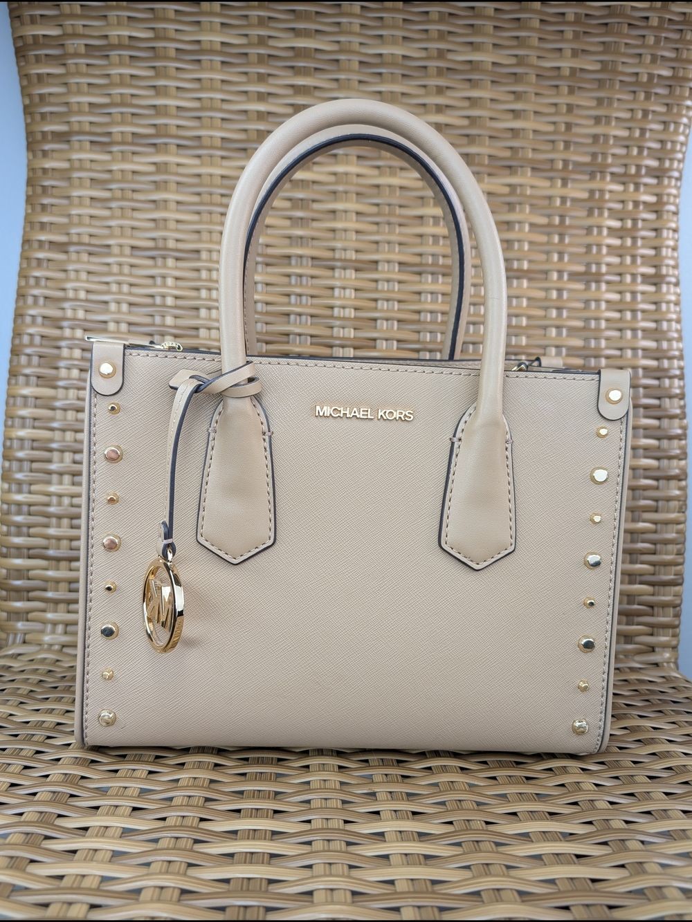 Michael Kors Beige Saffiano Leather Satchel Purse Tote Bag Stud Detail Small